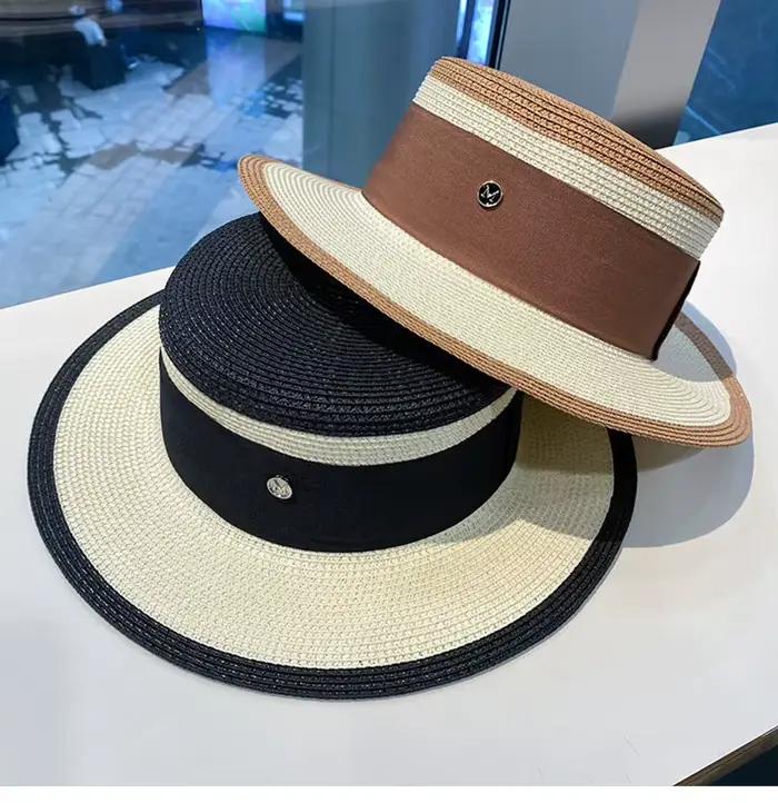 Chapeau de paille rétro britannique color-block pour femme