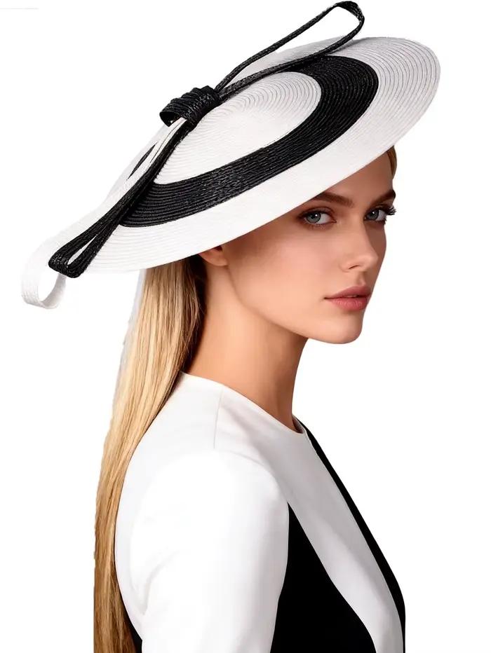 Chapeau Fascinator à large bord Kentucky noir et blanc pour femmes
