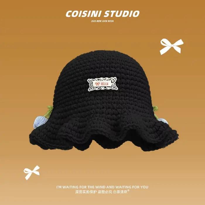 Ins doux tulipe autocollant à volants bord tricoté seau chapeaux femmes automne hiver voyage mode chaud polyvalent pull décontracté casquette