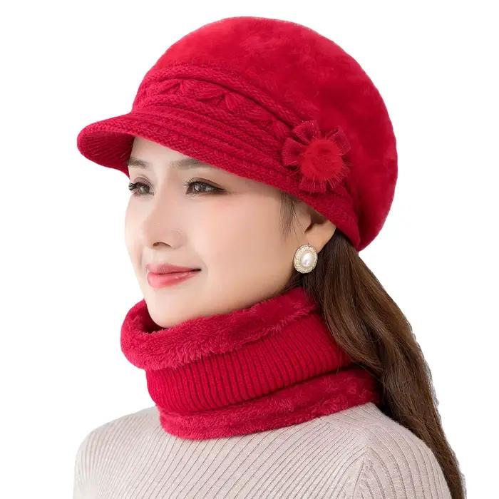 Chapeau tricoté fleuri doublé de fourrure synthétique pour femmes élégantes, garder au chaud, résistant au froid, idéal pour l'hiver et les activités de plein air