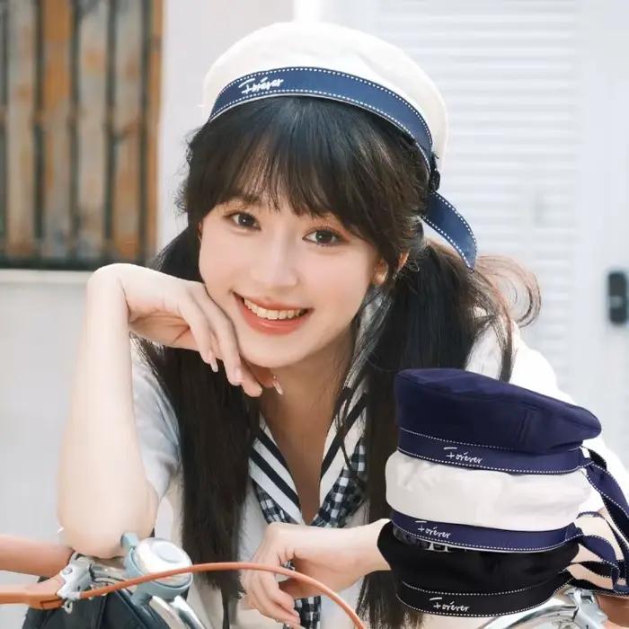 Chapeau de marin coréen style doux avec broderie de lettres
