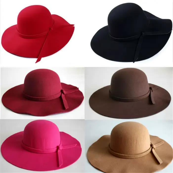 Nouveau Fes Hot Sun Vintage femmes disquette nœud papillon Cloche casquette à large bord laine feutre melon Fe dames vacances chapeau en plein air