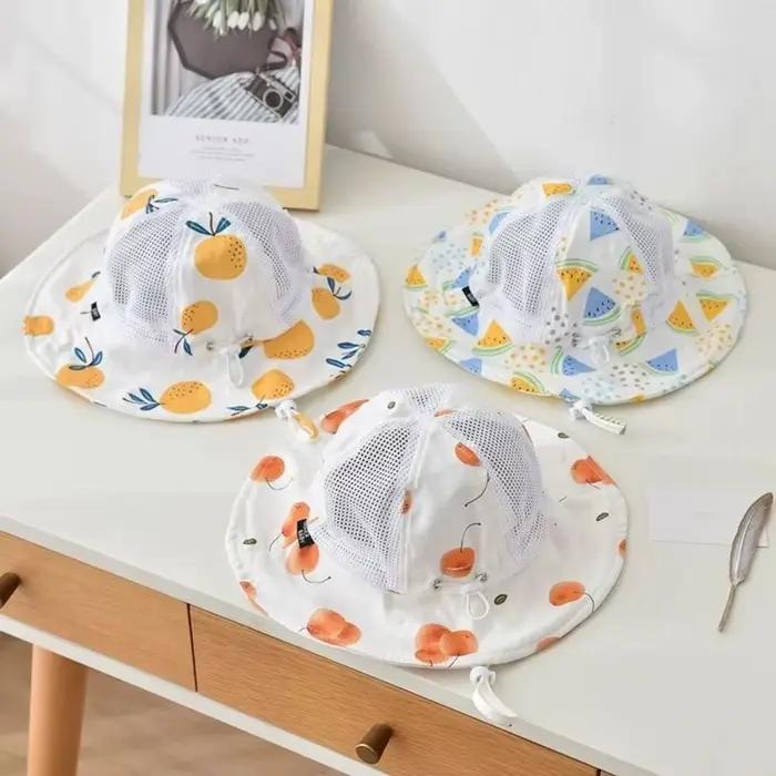 Chapeau de soleil pour enfants à motif de dessin animé, fin, à large bord, casquette de pêcheur pour bébé, imprimé fruits, réglable, pour les voyages en plein air