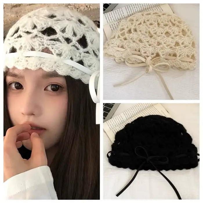 Chapeau tricoté ajouré au Crochet avec nœud rétro