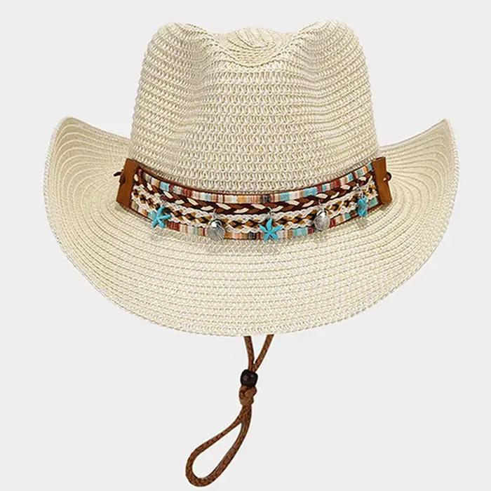 Bohemian Straw Sun Hat Women Summer Breathable Foldable Sun Protection Western Cowgirls Hat Ethnic Style Holiday Beach Caps
