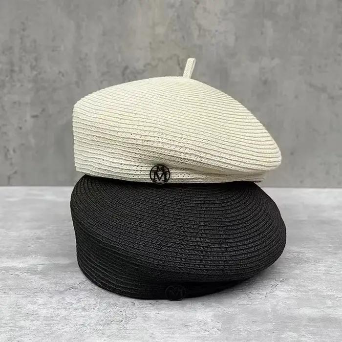 Mode été célébrité élégant stéréotype Fine paille Fedoras lettre béret femmes tourisme rétro décontracté peintre chapeau en gros