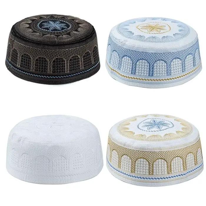 Chapeau musulman traditionnel à la mode, design brodé, forme ronde, chapeau de prière, style saoudien, polyester, casquette islamique, vêtements de loisirs