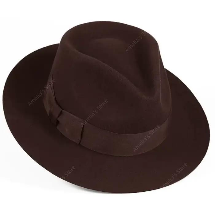 Chapeau Fedora Indiana Jones en feutre de laine de qualité supérieure avec bande gros-grain écrasable