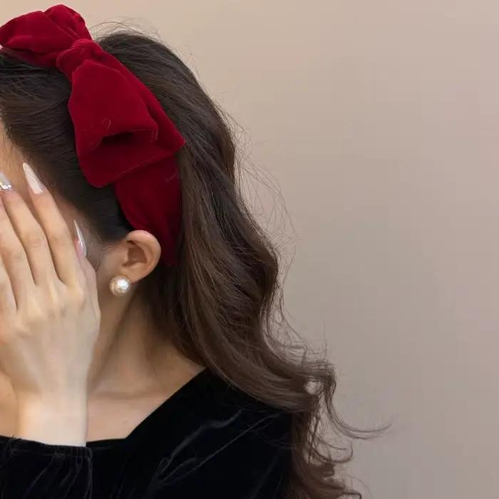 Bandeau à nœud large en velours rouge et noir pour filles et femmes