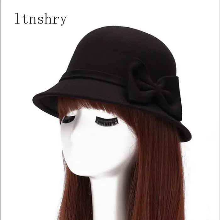 Chapeau Fedora en laine vintage avec nœud pour femme