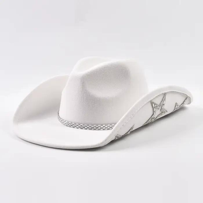 Chapeau de cowgirl occidental à large bord avec strass et étoile pour femmes, mariage, soirée dansante, enterrement de vie de jeune fille