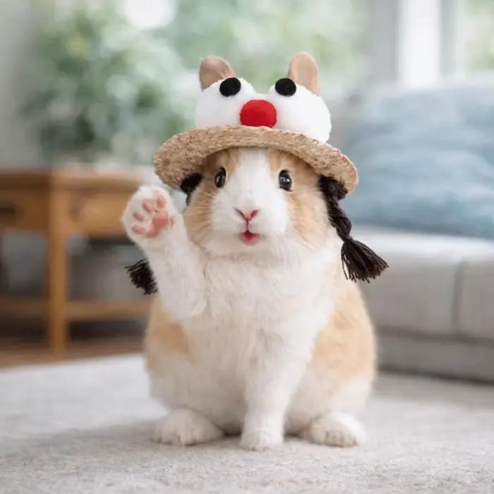 Chapeau de paille créatif réglable pour hamster avec sangle élastique et yeux en peluche