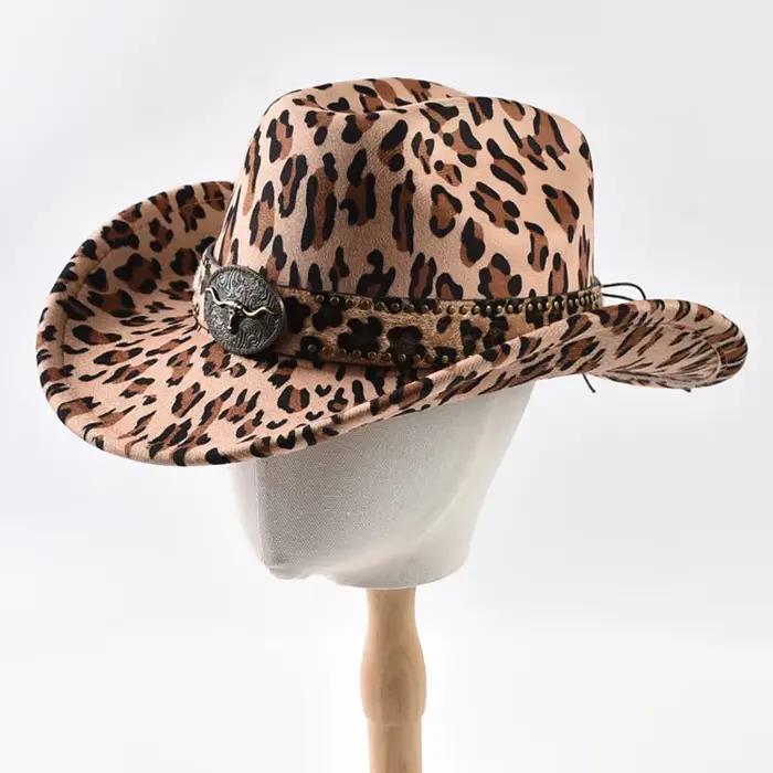 Chapeau de cowboy western rétro en cuir avec rivets tête de taureau pour homme et femme