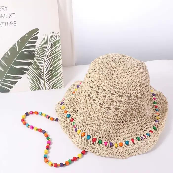 Chapeau de paille pour femme avec perles colorées, style pastoral, protection UV, idéal pour été, plage, voyages et occasions décontractées
