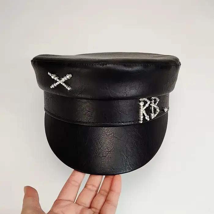 INS Designer marque PU casquettes de gavroche femmes diamant lettre casquette plate militaire chapeau mode Streetwear