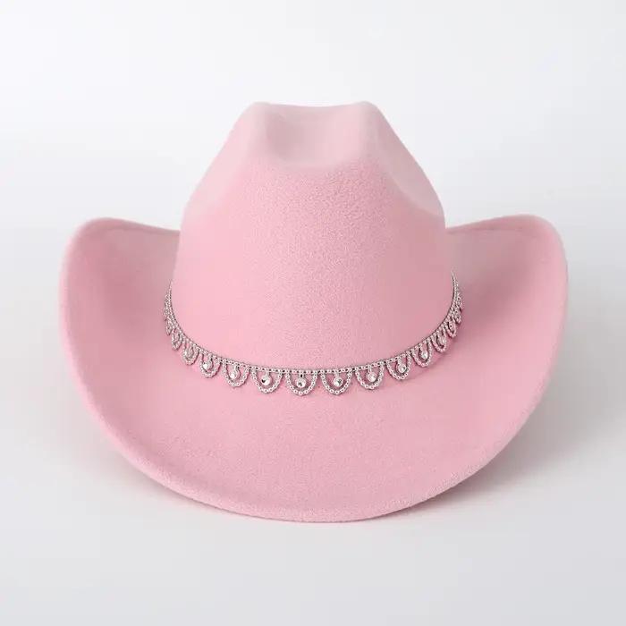 Chapeau de cowgirl avec strass et bande décorative Fedora classique à large bord pour femmes protection solaire occidentale style western