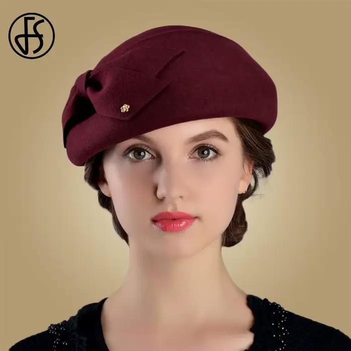 FS bérets français casquettes pour femmes mode 100% laine feutre Fedora chapeau hiver bleu violet rouge église femme Vintage Cloche chapeaux