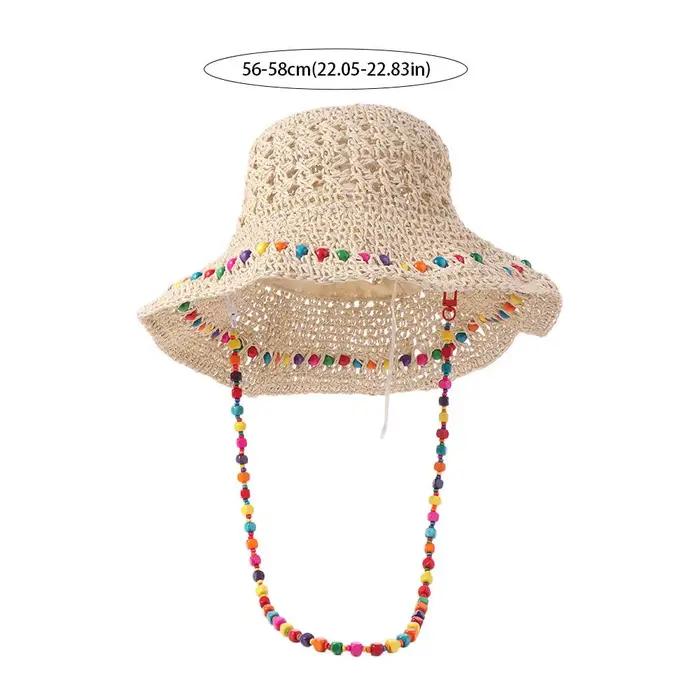 Chapeau de paille pour femme avec perles colorées, style pastoral, protection UV, idéal pour été, plage, voyages et occasions décontractées