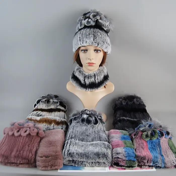 Ensemble Chapeau et Écharpe en Vraie Fourrure de Lapin Rex pour Femme