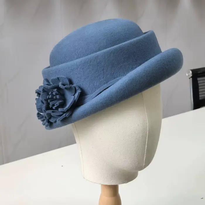 Casquette Fedora en feutre de laine fleur de camélia 3D pour femmes