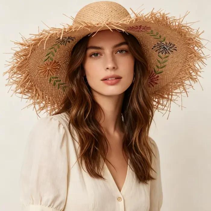Chapeaux de Plage en Paille de Raphia Style Européen Décoré de Fleur Protection Solaire Occasions Vacances Activités Plein Air