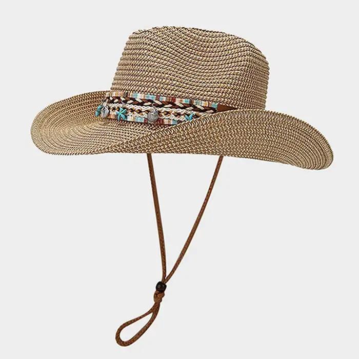 Bohemian Straw Sun Hat Women Summer Breathable Foldable Sun Protection Western Cowgirls Hat Ethnic Style Holiday Beach Caps