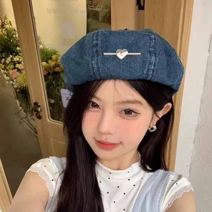 Chapeau de béret octogonal en denim pour femmes style vintage floral printemps automne occasions décontractées