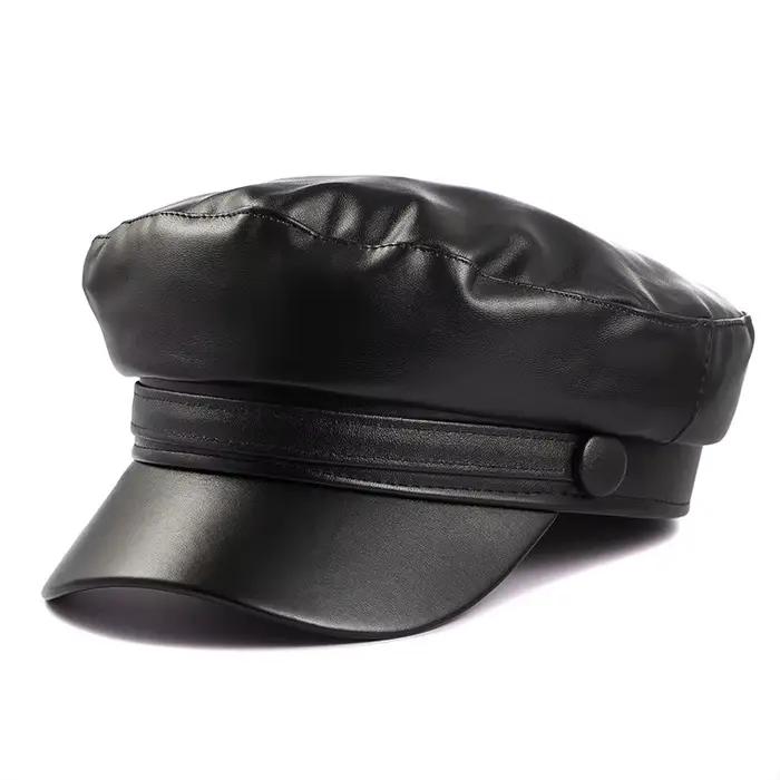 Béret militaire en cuir noir pour femme