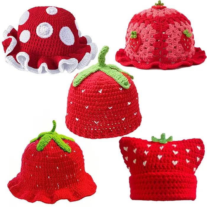 Chapeau de pêcheur en forme de fraise rouge de dessin animé pour femme