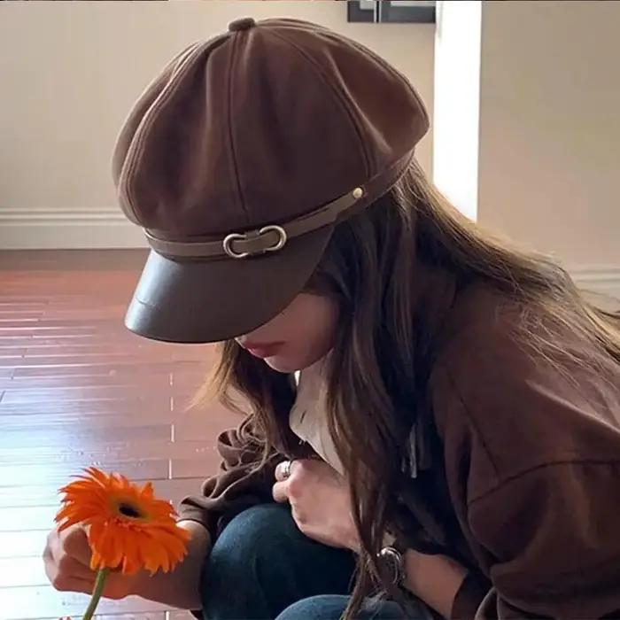 Béret de style britannique rétro pour femmes, casquette de journal octogonale polyvalente pour grande circonférence de tête, chapeau de printemps et d'automne pour femmes, élégant et polyvalent