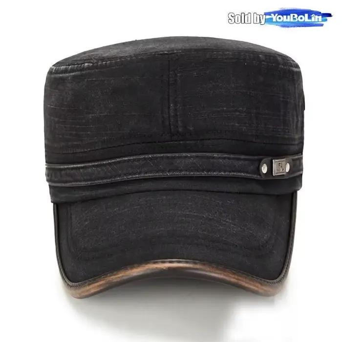 Casquette plate réglable en coton délavé blanc vieilli avec reliure en cuir