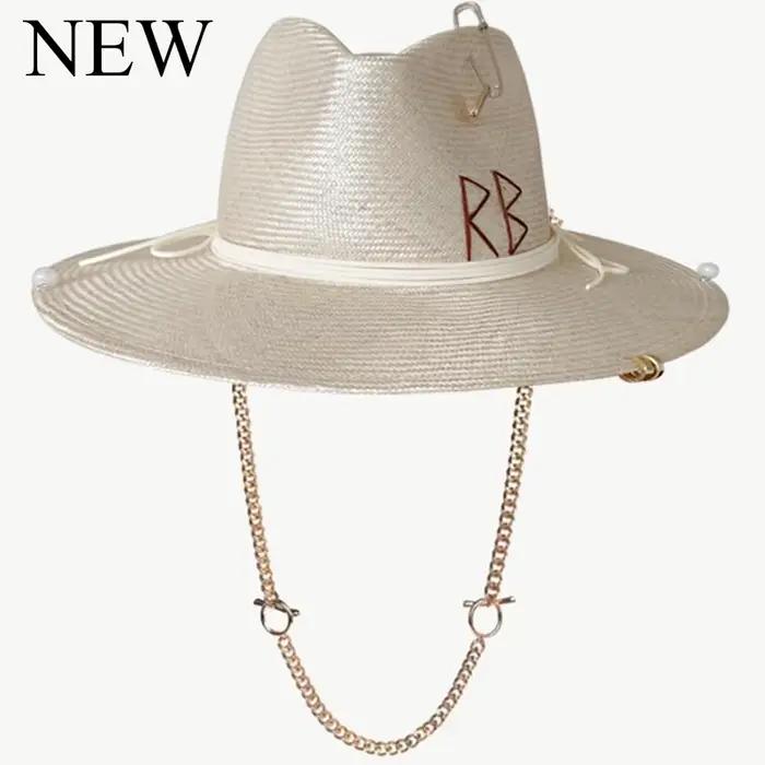 Nouveaux chapeaux de paille pour femmes à la mode RB lettre vacances élégantes chapeau de plaisancier été plat haut