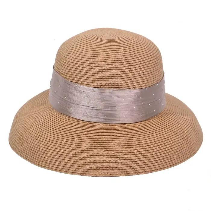 Chapeau de soleil élégant en paille de raphia style bohème à pois