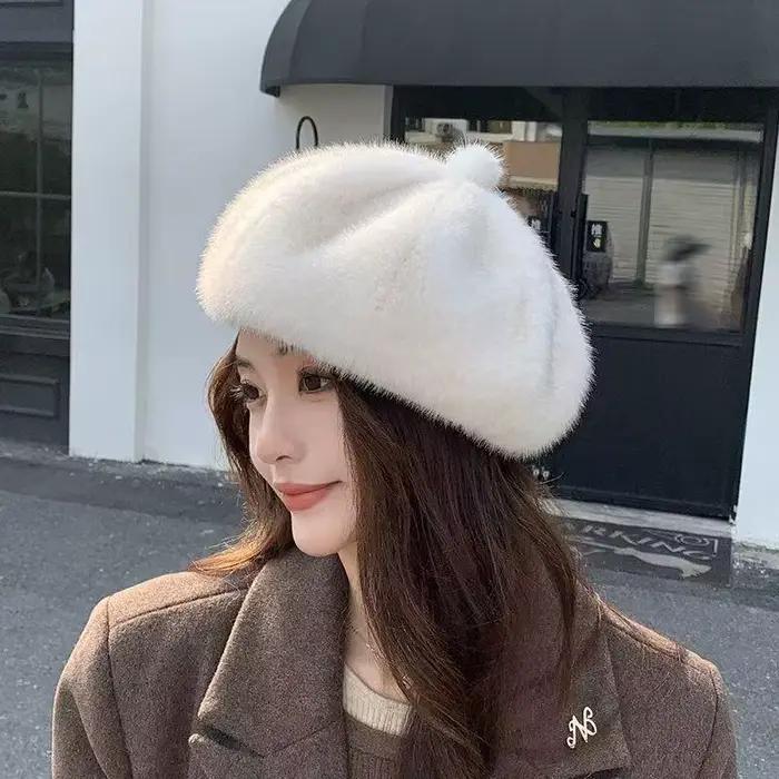 Béret Rétro Femme Automne Hiver Style Britannique Hepburn Chapeau d'Artiste Élégant Bonnets Chauds en Laine Épaisse Forme Citrouille