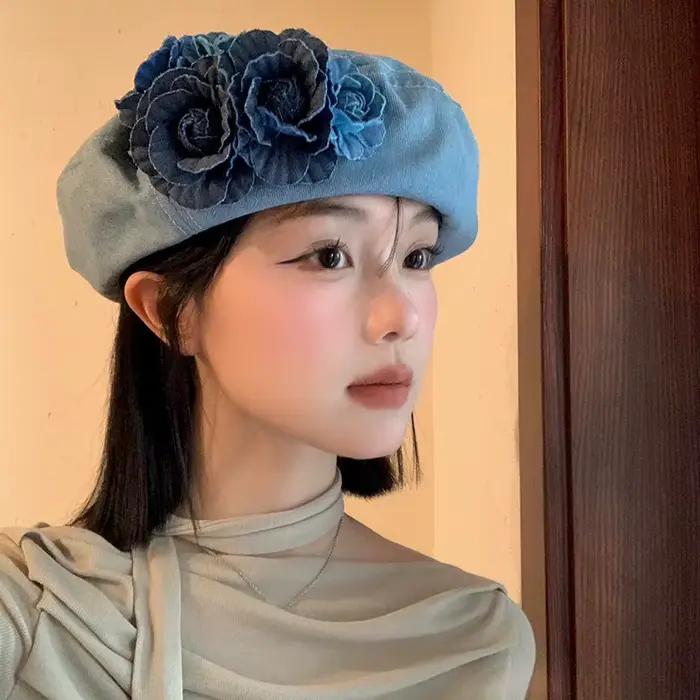 Béret en Denim à fleurs bleues pour femmes