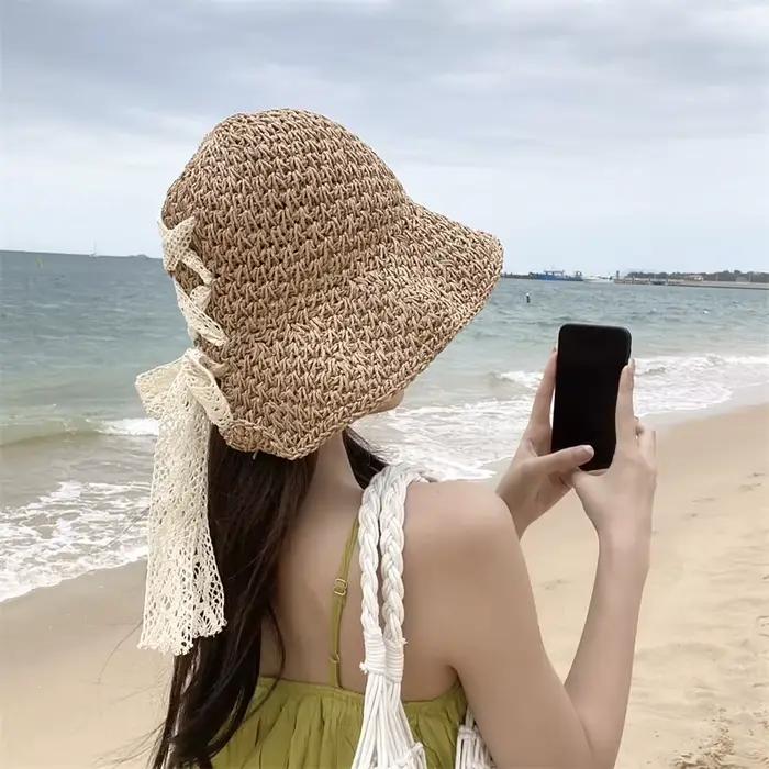 Chapeaux de paille évidés avec nœud en dentelle pour femmes