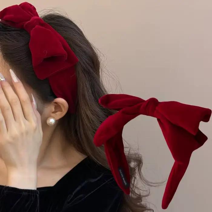 Bandeau à nœud large en velours rouge et noir pour filles et femmes