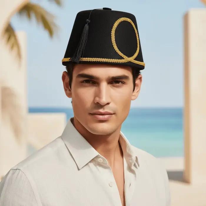 Chapeau Fez turc noir à pompon en feutre de polyester avec bordure dorée, casquette marocaine multifonctionnelle pour homme et femme, quatre saisons, extérieur