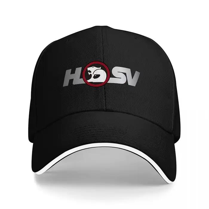 Casquette de baseball HOSV noire avec bordure blanche et emblème circulaire rouge avec motif de loup pour les sports de plein air et les tenues décontractées
