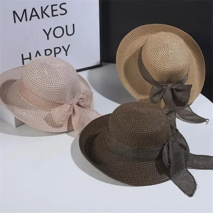 Chapeau de soleil vintage tendance avec nœud - Fedora en paille pliable pour femme - Idéal pour les voyages en plein air et la plage - Protection solaire