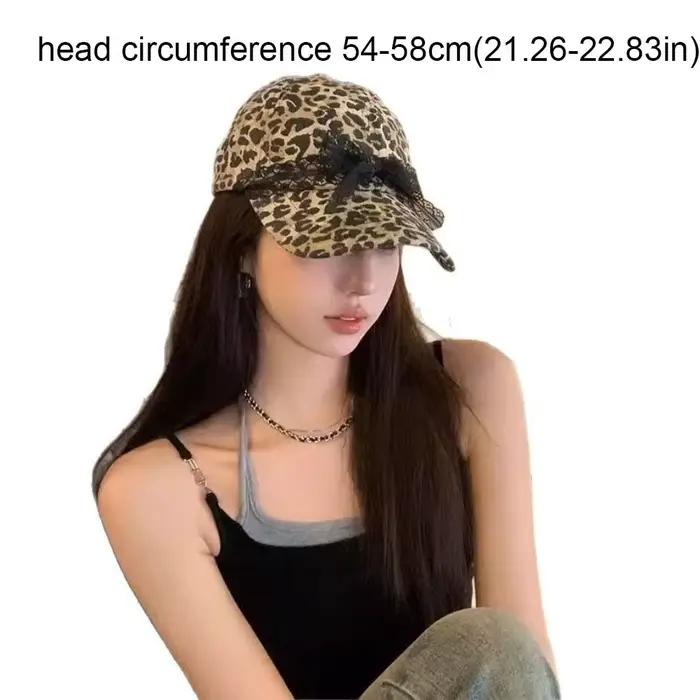 Casquette de baseball à imprimé léopard style hip-hop visière longue avec nœud en dentelle protection uv chapeau de soleil printemps occasionnels sorties été