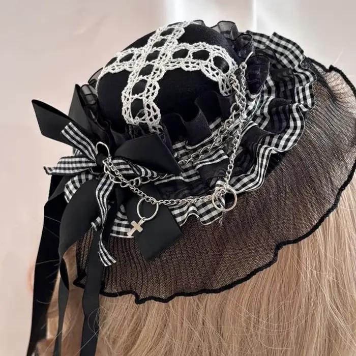 Chapeau gothique en voile dentelle avec nœuds foncés pince à cheveux pour fêtes à thème Y08E