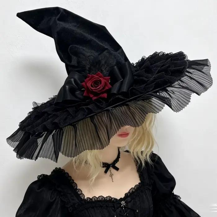 Chapeau de sorcière gothique Lolita à large bord, noir et violet, avec volants, dentelle et nœud rose, accessoires de costume pour Halloween, cosplay et soirées masquées