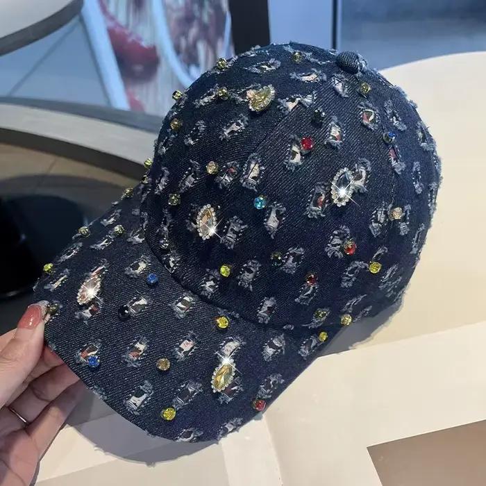 Casquette de baseball en jean incrustée de diamants pour femme
