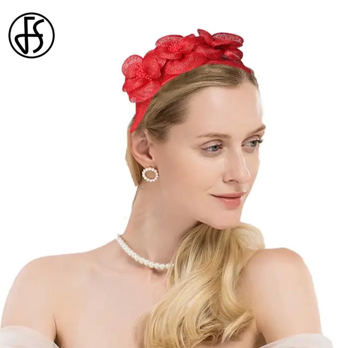 FS Sinamay Élégant Derby Casquette pour Femmes Luxe Fleurs Femme Chapeau Fascinator MARIAGE Cérémonie Cocktail Fête Église Rouge Polyester Style Formel Polyvalent Occasions Spéciales