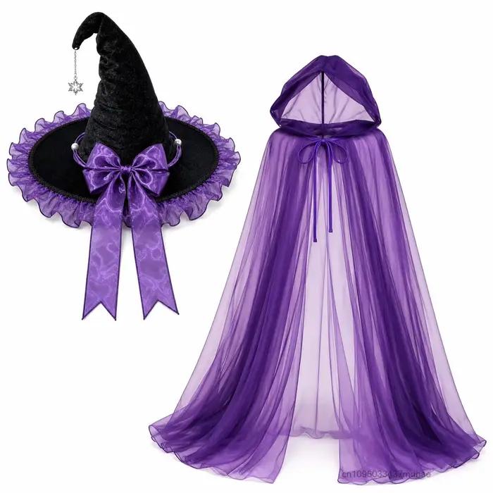 Chapeau de sorcière pour femme pour Halloween avec bordure en dentelle violette