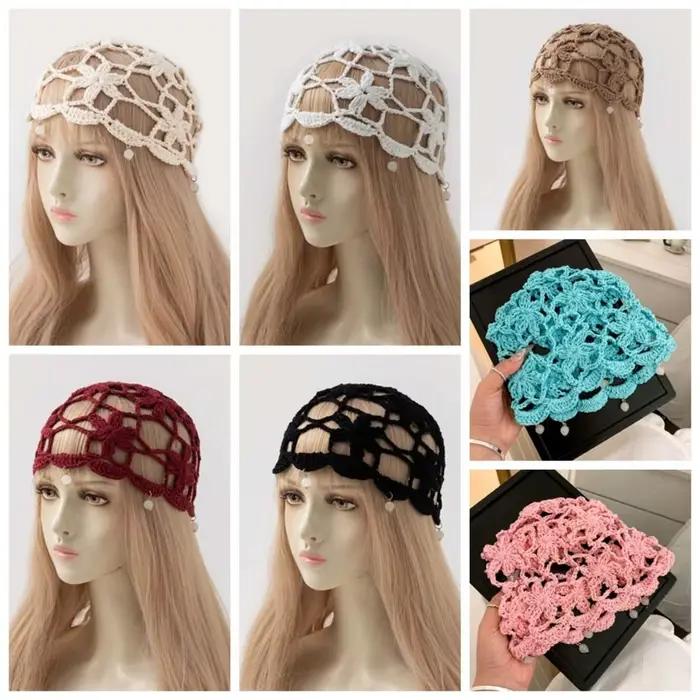 Bonnet tricoté style bohème à fleurs au crochet