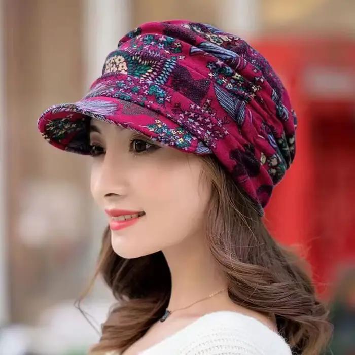 Casquette à visière pour femmes, style ethnique imprimé floral, matériau acrylique ressemblant au cachemire, pour hiver et occasions décontractées