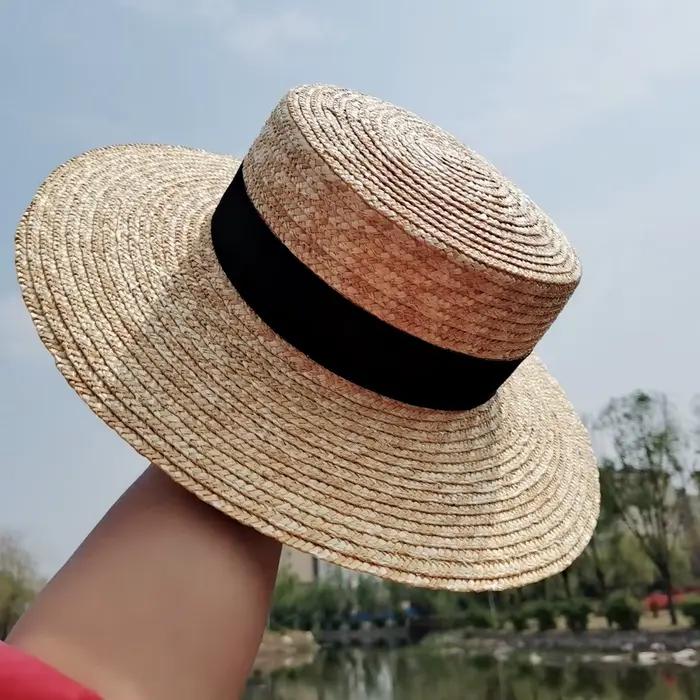 Chapeau de paille bateau à large bord français élégant ruban carré