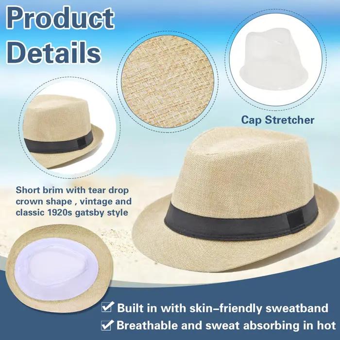 24-100 Chapeaux de paille pour hommes, modèles Fedora, Panama et Trilby à bord court 58/60 cm, pour invités, mariages, plage, fêtes Années 20, anniversaires et événements festifs